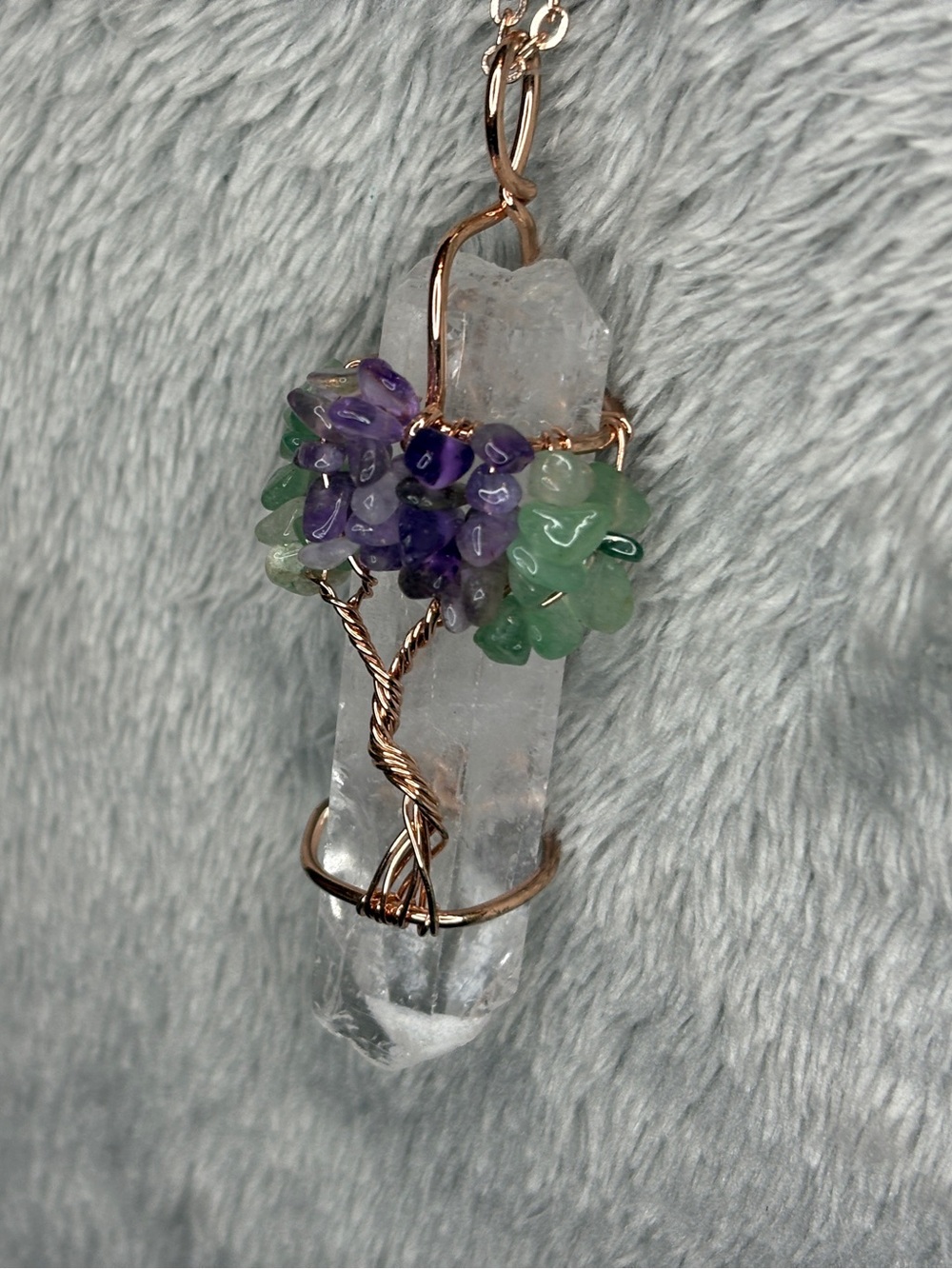 Rose Gold Wire-Wrapped Crystal Tree Pendant Necklace in Purple and Green - Picture 3 of 7